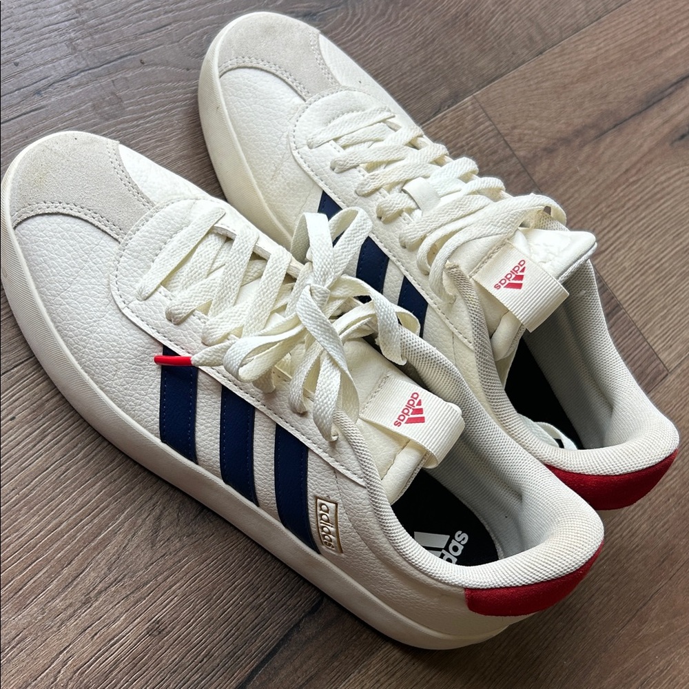 adidas Men's Cream Sneakers with Navy Stripes and Red Heel Accents